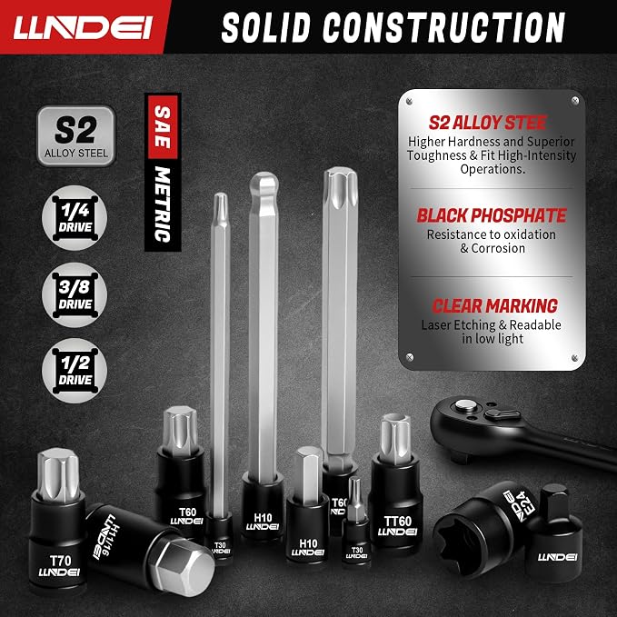 LLNDEI 115Pc Torx & Allen Bit Socket Set 1/4 3/8 1/2" Drive | Extra Long & Tamper Proof Torx, Hex & Ball Hex, S2 Steel, SAE/Metric, Ratchet & Adapters, for Auto, Machinery & Industrial