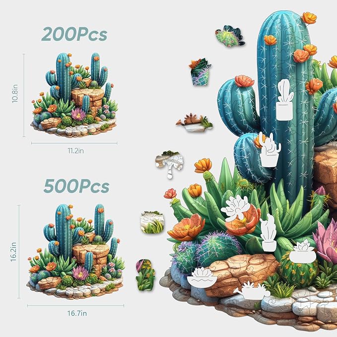 Delobil Succulent Cactus Wooden Puzzles for Adults, 500 Pieces Jigsaw Puzzles, Unique Shaped Wood Puzzle Gift for Adults and Kids, Family Game 16.7'' x 16.2''