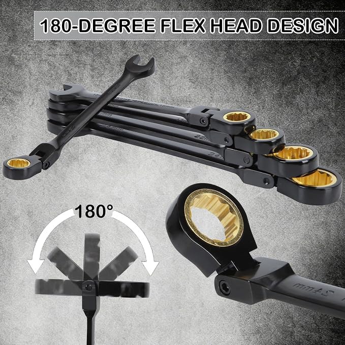 Flex-Head Ratcheting Combination Wrench Set, 16-Piece Metric Wrench Set 6-24mm | 72-Teeth | Cr-V Constructed | Fully Polished (Black) | with Organization Bag