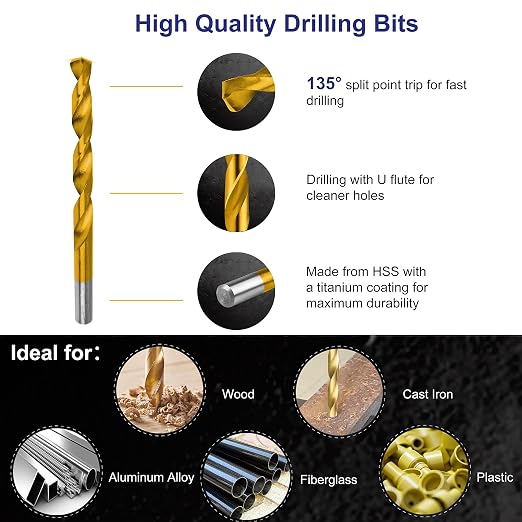 Metric 230 Pieces Titanium Twist Drill Bit Set, 135° Tip High Speed Steel, Size from 1mm up to 10mm, Ideal Drilling in Wood/Cast Iron/Aluminum Alloy/Plastic/Fiberglass, with Hard Storage