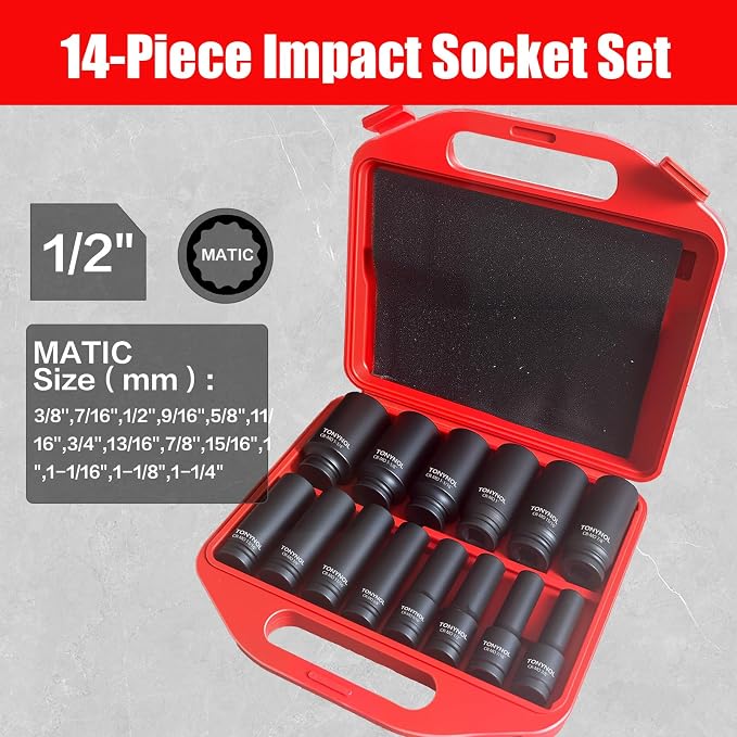 TONYNOL 1/2" Deep Drive Impact Socket Set,12‑Point,SAE (3/8"‑1‑1/4"),14Pcs | Cr-Mo Steel,With a Storage Case.