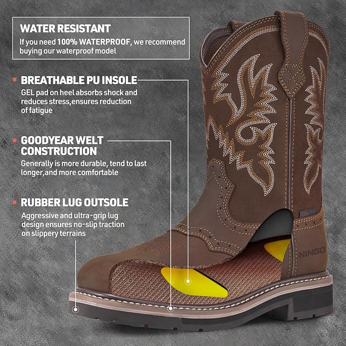 HISEA NINGO Steel Toe Work Boots for Men, Waterproof Square Toe Cowboy Boots Slip on, Comfortable Soft Toe Pull on Western Safety Work Shoes for Construction Industrial Working Welding Riding, Brown