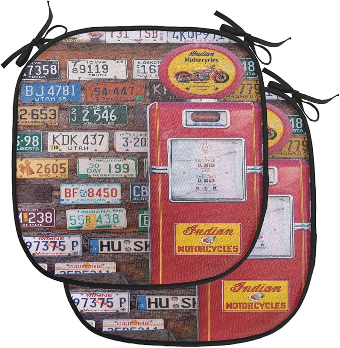 Lunarable Americana Chair Cushion Pads Set of 2, Various Old American License Plates Behind Antique Gas Pump in Rural Utah, Anti-Slip Seat Padding for Kitchen & Patio, 16"x16", Red Multicolor