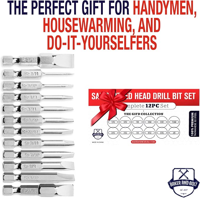 Slotted Screwdriver Bit Set | Premium12pc Complete SAE Set Bit Holder and Storage case Precision 1/4in Hex Shank Magnetic Flat Head Drive Bits Set 2 in Long Security Set for Drill Impact Drivers