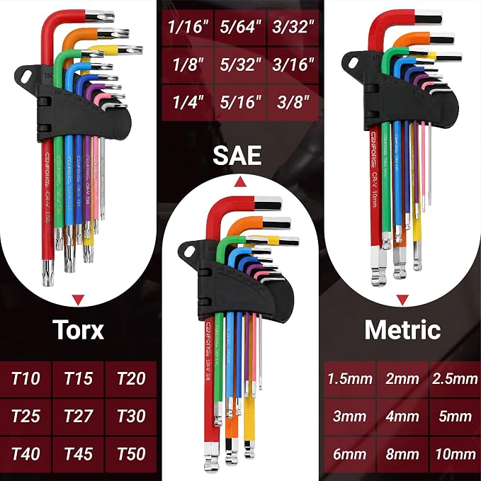 28-Piece Magnetic Allen Wrench & Torx Set – Long Arm Hex Keys (Metric, SAE, Star T10-T50) with Torque T-Handle – CR-V Steel Ball End Kit for Bike Repair, Automotive & Home DIY