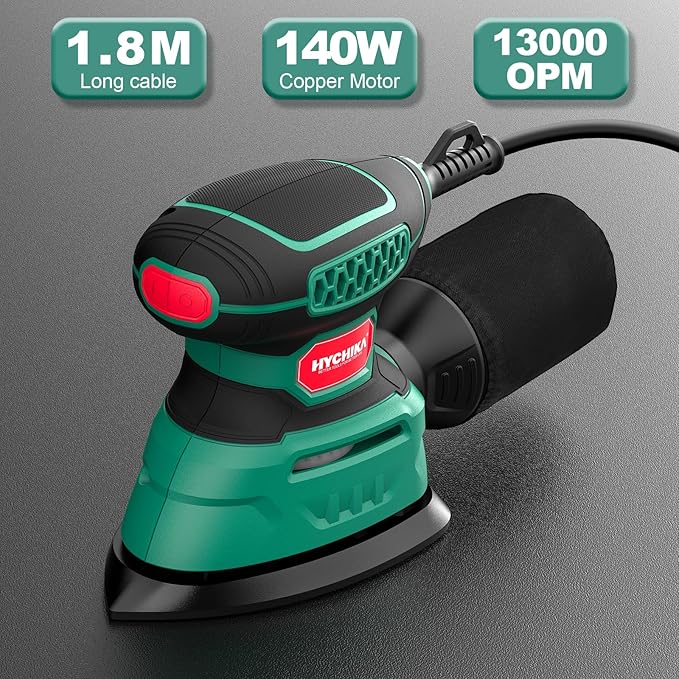 HYCHIKA Detail Sander Tool with Vacuum Attach, 13,000 OPM, 1.2A Electric Palm Sander with 12 Pcs Sandpapers, Upraged Dust Collection System, Compact Design for Tight Spaces Sanding and Paint Removing