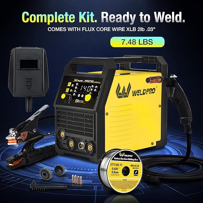 WELDPRO 140A MIG Welder 110/220V, 2026 Newest 5-in-1 Flux Core Welder, Synergic/Thickness Gasless MIG/Lift TIG/MMA/Spot Welding Machine, IGBT Inverter Welder with Large LED Digital Display, 2T/4T