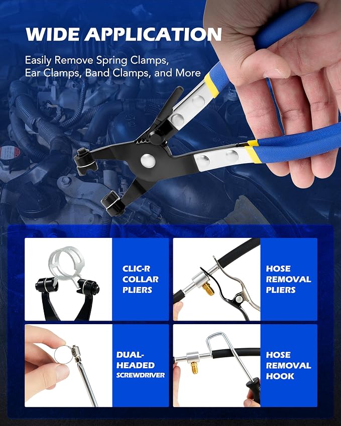 OMT 9pcs Hose Clamp Pliers for Fuel Oil & Water Hoses | Automotive Long Reach Hose Clamp Remover Kit with Flexible Wire Clic R Type Swivel Jaw Flat Band Pliers Case, Blue
