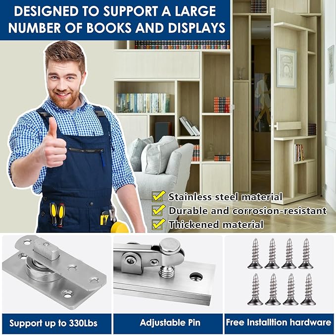 330 LBS Pivot Hinge Set with Magnetic Door Catch for Large & Heavy Wood Doors – HBL’ Hidden Pivot Door Hardware for Bookshelves, Built-in Ball Bearings for Smooth & Quiet Operation.