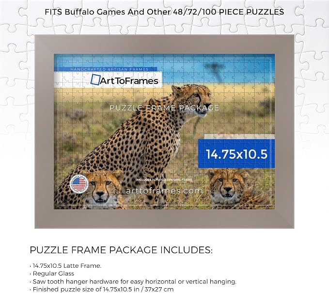 ArtToFrames Puzzle Frame for Buffalo Games 48, 72, 100 Piece Jigsaw Puzzles, 14.75x10.5 Inch (37x27 cm), Latte Engineered Wood with Regular Glass, Ready to Hang Puzzle Display