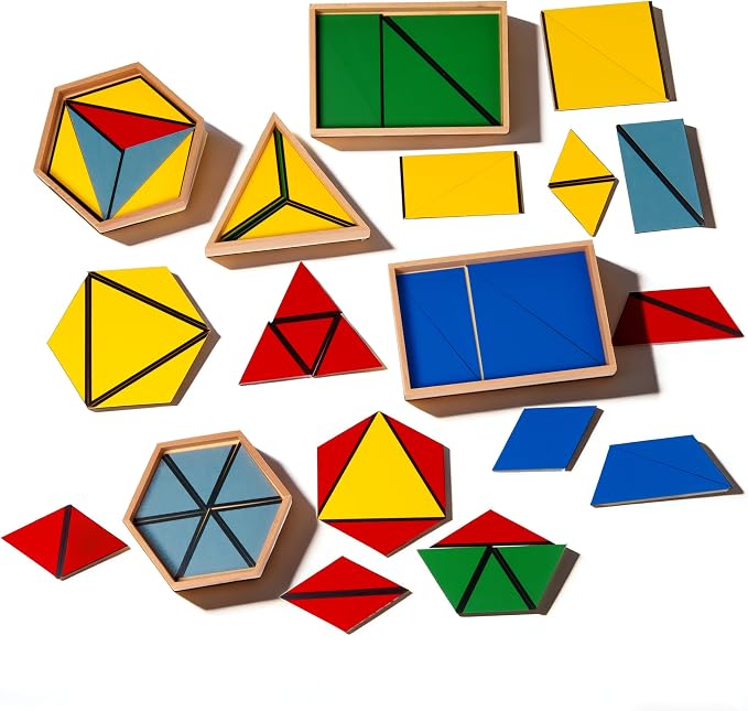Premium Montessori Large Constructive Triangles, 5Box Set Sensorial Materials for Kids ,6.3lbs Beechwood Geometry Puzzles for Preschool Homeschool,Ages 4-7 Educational Toys, Geometry Learning Supplies