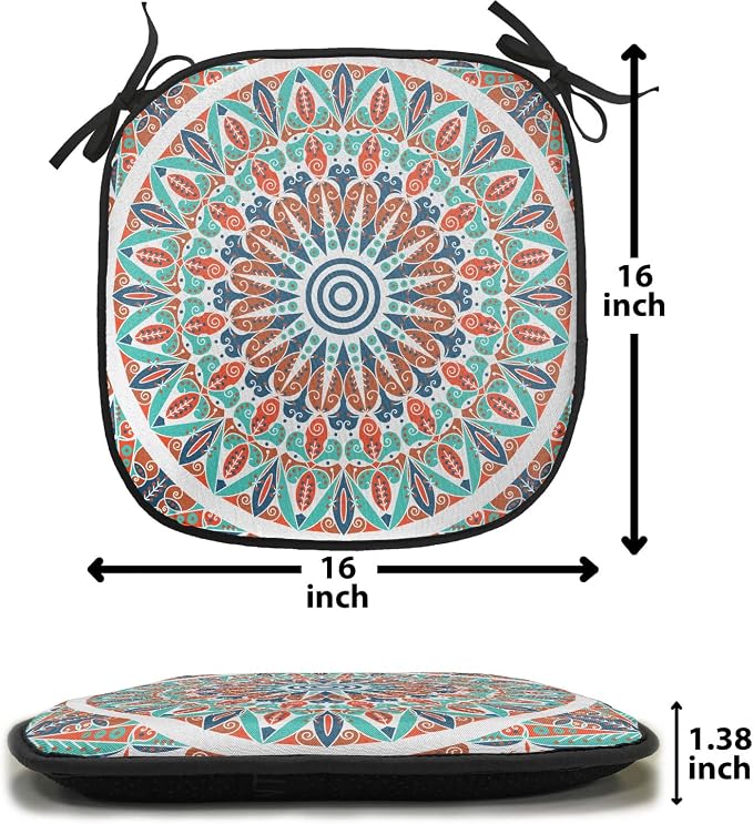 Lunarable Moroccan Chair Cushion Pads Set 12, Floral Geometry Complex Design Medallion Middle Ages Tribal Art, Anti-Slip Seat Padding for Kitchen & Patio, 16"x16", Turquoise Dark Blue