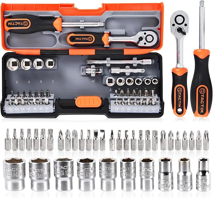 Tactix 43-Piece Socket Wrench and Bit Set 1/4'', CR-V Metric Sockets with Quick-Release Ratchet Wrench, Compact Sockets Set for Car Repair, with Storage Case