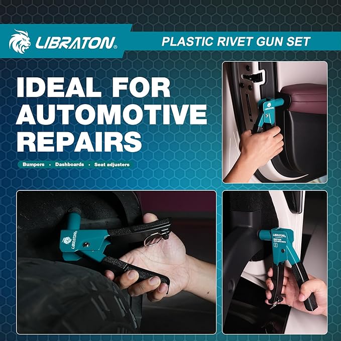 LIBRATON Plastic Rivet Gun Kit, 90 Degree Angle Hand Riveter with 40 Nylon Rivets (4 Sizes), Universal Nosepiece for Automotive/Electronics, Ergonomic & 50% Lighter Force
