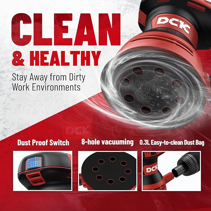 DCK Random Orbital Sander, 3.0 AMP Corded Palm Sander, 6 Speeds Max 12,000 OPM, 5-Inch with 10 pcs Sandpapers, Dust Bag, Low Vibration for Woodworking, Decoration Furniture (KSA125)