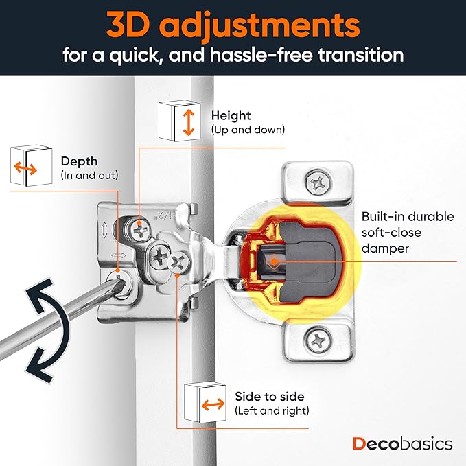 Decobasics 50 Pack Soft Close Cabinet Hinges – 1/2" Overlay for Kitchen Cabinet Doors, Slow Self-Closing Concealed Hidden Hinges for Face Frame –Stainless Steel, 3-Way Adjustable & Quiet Close Damper