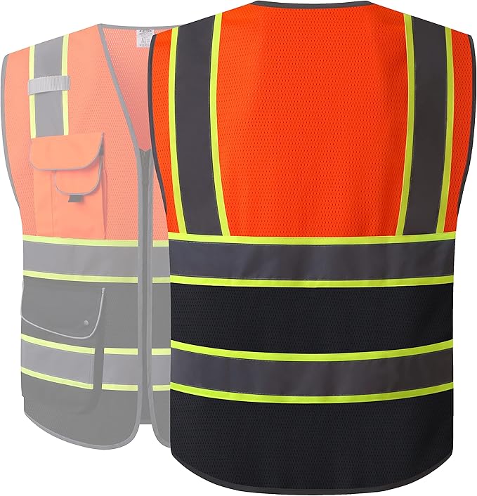 JKSafety 9 Pockets Hi-Vis Fluorescent Color Mesh Reflective Safety Vest for Men Women | Chaleco de seguridad para hombres y mujeres (100-Orange-Black 5XL)