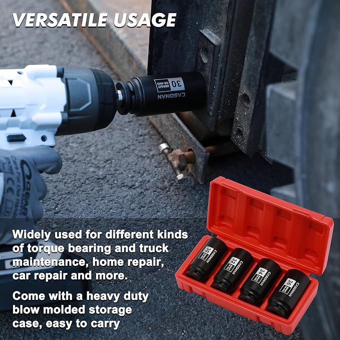 CASOMAN 1/2-Inch Drive Deep Spindle Axle Nut Impact Socket Set,12 Point Metric, CR-MO, 30,32,34,36mm, 4-Piece 1/2" Heavy Duty Impact Socket Set