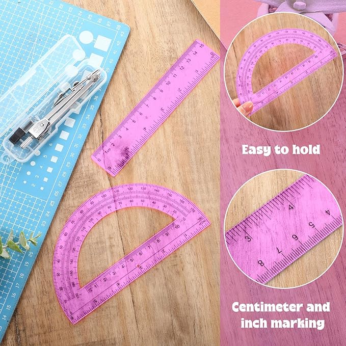 Zonon 3 Pcs Plastic Ruler 6 Inch Protractor Drawing Compass Set, Student Geometry Math Transparent Measuring Tools for Home School Classroom Office Supplies(6 Inch,Pink)