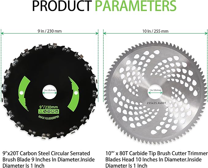 Brush Cutter Trimmer Conversion Kit with 9"x20T Carbon Steel Chainsaw Brush Cutter Blade & 10"x80T Carbide Tip Blades, Includes Files, Gloves Compatible with Echo Models SRM-225, SRM-266, SRM-280 etc
