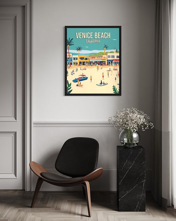 Venice Beach California Wall Art Print Poster, US Vintage Retro Beach Scenery Posters Prints for Restroom Home Picture Painting Artwork Gallery 219 (Venice Beach California, 16 x 20 inches, Black Frame)
