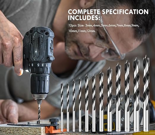 Brad Point Wood Drill Bit Set, 12Pcs Metric Drill Bit Set with Double Flutes Design for Carpenter Woodworking and All Types of Wood (3mm - 12mm)
