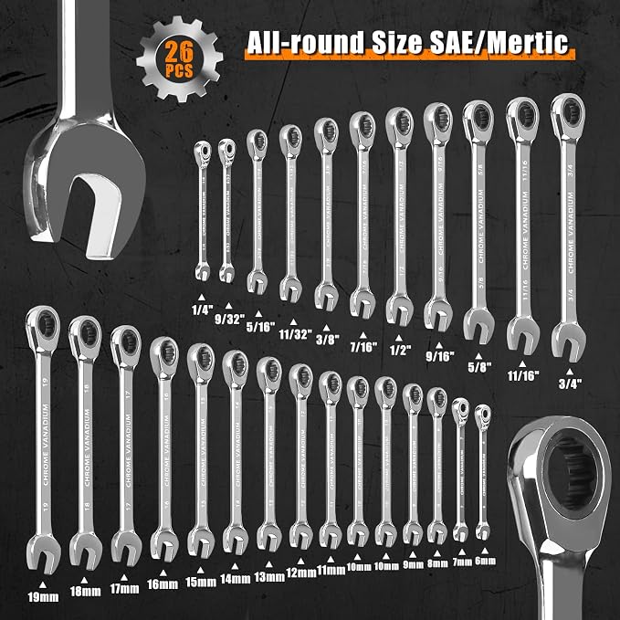Egofine 26pcs Ratchet Wrenches Set, Wrench Set Metric and Standard, Combination Wrench Sets, CR-V Steel 6-19mm, 1/4" to 3/4" 72-Teeth, with Tool Roll Bag