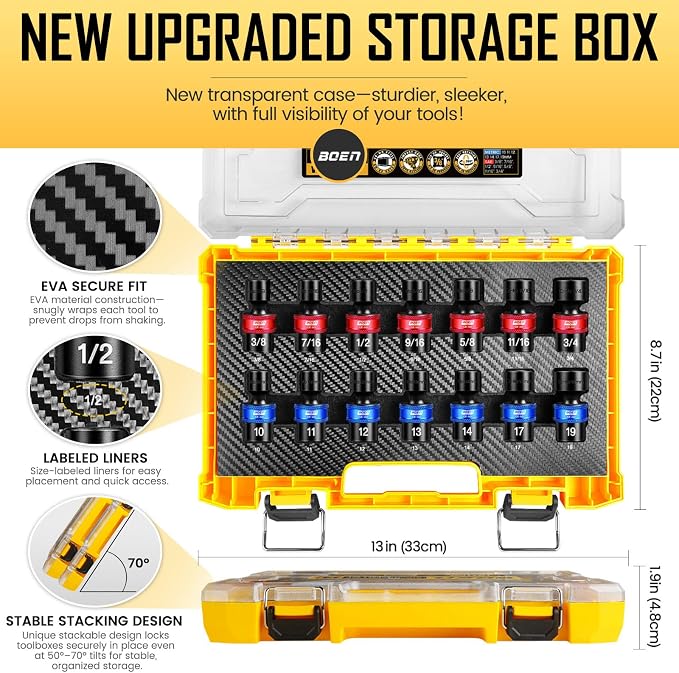 BOEN 14-Pieces 3/8 Inch Drive Impact Swivel Socket set, Metric (10-19mm) & SAE (3/8”- 3/4”) Universal Wobbly Sockets With Cr-Mo Steel, 6-Point Shallow Universal Joint Socket for Tight Spaces