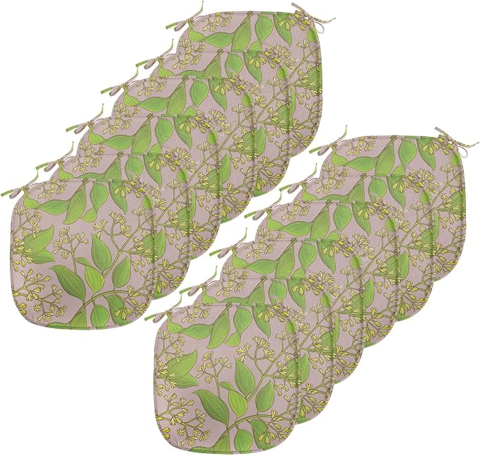 Lunarable Cinnamon Chair Seating Cushion Set of 12, Plantation Floral Pattern on a Plain Background, Anti-Slip Seat Padding for Kitchen & Patio, 16"x16", Yellow Green Olive Green