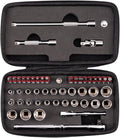TEKTON 1/4 Inch Drive 12-Point Small Engine Shallow Socket, Bit, and Quick Release Ratchet Set with Case (50-Piece) | SKT07906 | (5/32 - 9/16 in., 4 - 15 mm, Phillips #1 - 3, Slotted 3/16 - 5/16 in., T7 - T30), Shallow, Zipper Case, Custom Foam