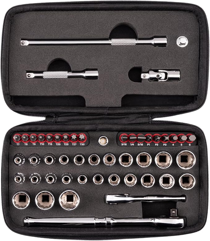 TEKTON 1/4 Inch Drive 12-Point Small Engine Shallow Socket, Bit, and Quick Release Ratchet Set with Case (50-Piece) | SKT07906 | (5/32 - 9/16 in., 4 - 15 mm, Phillips #1 - 3, Slotted 3/16 - 5/16 in., T7 - T30), Shallow, Zipper Case, Custom Foam