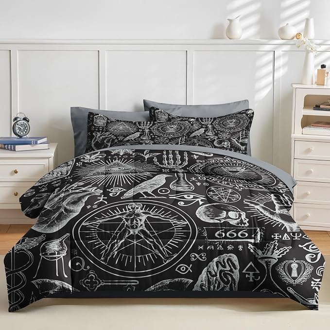 Nesker Comforter Set Twin Size, Vintage Bat Skull 5 Pcs Bedding for Kids and Adults, Retro Medieval Halloween Bed Sheet Sets with Fitted Sheet Pillowcase & Sham