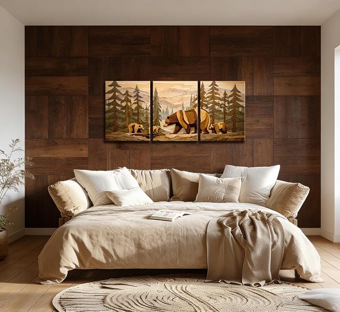 Frimeeme Framed Rustic Cabin Decor Bear Wall Art,Rustic Forest Bear Wall Art Woodland Theme Decor for Cabin, Farmhouse, Living Room, Bathroom, 12"x16" 3-Piece,Inch