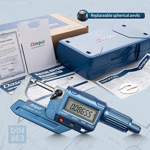 Dasqua Precision Digital Outside Micrometer, Measuring Tools for Machining and Industrial use, 0-1 inch Accuracy 0.002mm with Large Display, Lock nut and Carbide tip