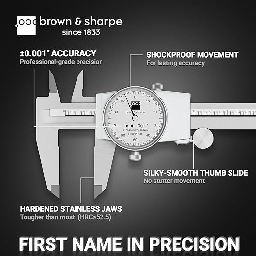 TESA Brown & Sharpe 599-579-8-1 Stainless Steel Dial Caliper, White Face, 0"-8" Range, +/-0.001" Accuracy, 0.001" Resolution, Meets DIN 862 Specifications