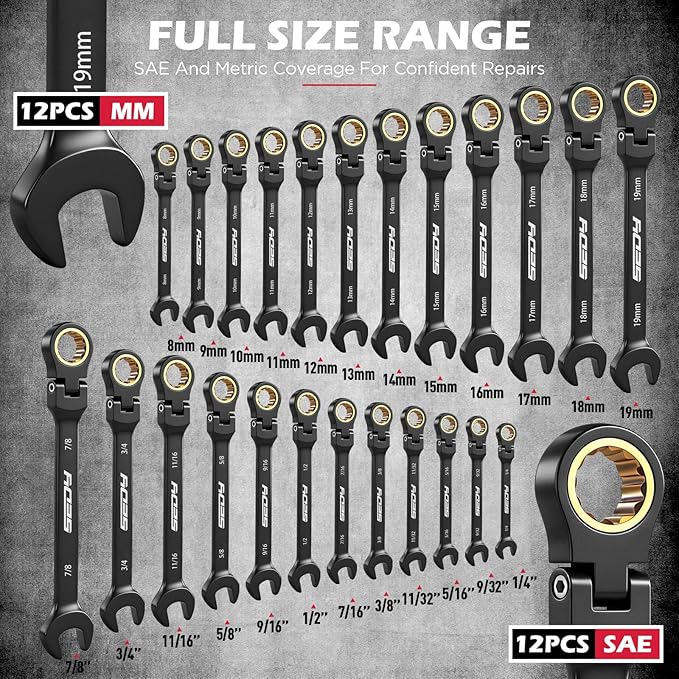 Premium 24-Piece Flex-Head Ratcheting Wrench Set, Metric(8–19mm)& SAE(1/4-7/8") Combination Wrenches, 72-Tooth CR-V Steel with Durable Black Finish, Ratchet Spanners with Roll-Up Tool Pouch for Repair