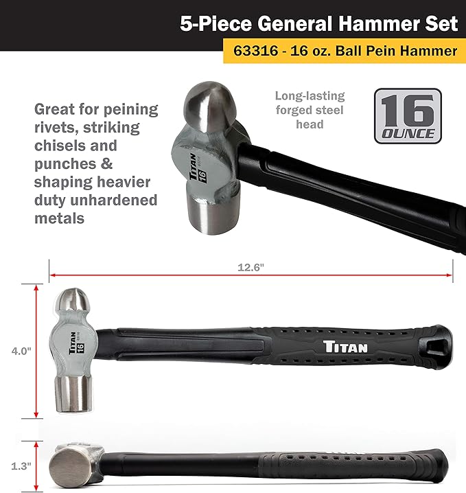 Titan 63125 5-Piece Hammer Set, Includes 16oz & 32oz Ball Pein, 32oz Rubber Mallet, 3lb Sledgehammer, & 3lb Cross Pein, Shock Absorbing Fiberglass Handles with Textured Grips