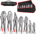 ARROW 7-piece Locking Pliers Set with Rolling Pouch, Chromium-Molybdenum Vice Grips, 5"/7" Curved Jaw, 6.5"/9" Long Nose, 7"/10" Straight Jaw, 10" V-Jaw Vise Grip Pliers