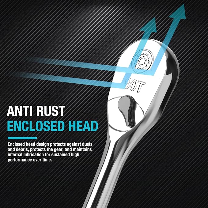 DURATECH 3-Piece Extra Long Drive Ratchet Handle, 90-Tooth Ratchet Wrench | 1/4", 3/8", 1/2" Socket Wrench with Dust Proof Teardrop Enclosed Head, Reversible, CR-V Steel Made, CR-MO Head, Full Polished
