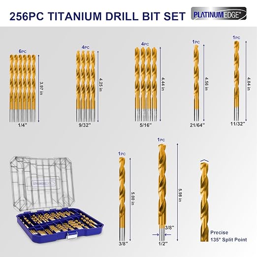 276pc Titanium Twist Drill Bit Set with S2 Bits 135° Tip High Speed Steel, Size from 1/16" up to 1/2", Ideal in Wood Cast Iron Aluminum Alloy Plastic Fiberglass, Clear Lid Case
