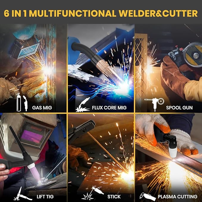 SSimder 6-in-1 MIG Welder & Plasma Cutter 160A Gas MIG/Flux Core/Lift TIG/Stick/Cut Combo 110V 220V 35A Air Cutting for Auto Repair DIY & Small Workshop
