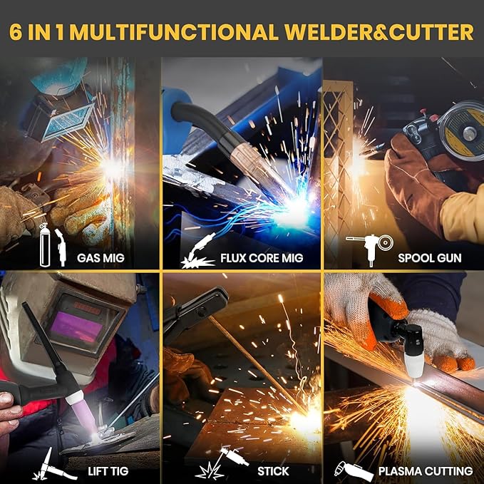 SSimder 6-in-1 MIG Welder & Plasma Cutter 160A Gas MIG/Flux Core/Lift TIG/Stick/Cut Combo 110V 220V 35A Air Cutting for Auto Repair DIY & Small Workshop