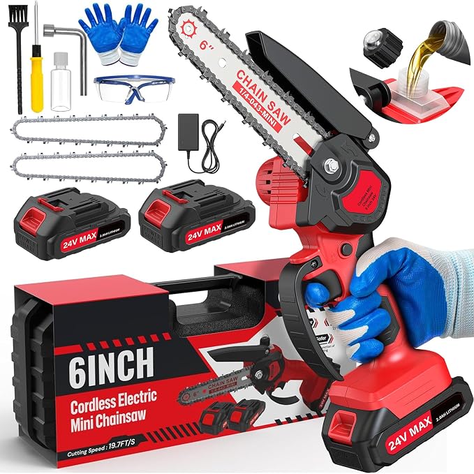 6 Inch Mini Chainsaw Cordless, 24V Battery Powered Chain Saw | Auto Oiler, 2×2000mAh Batteries Included, Lightweight, Tree Trimming, Wood Cutting, Branch Pruning, Gardening