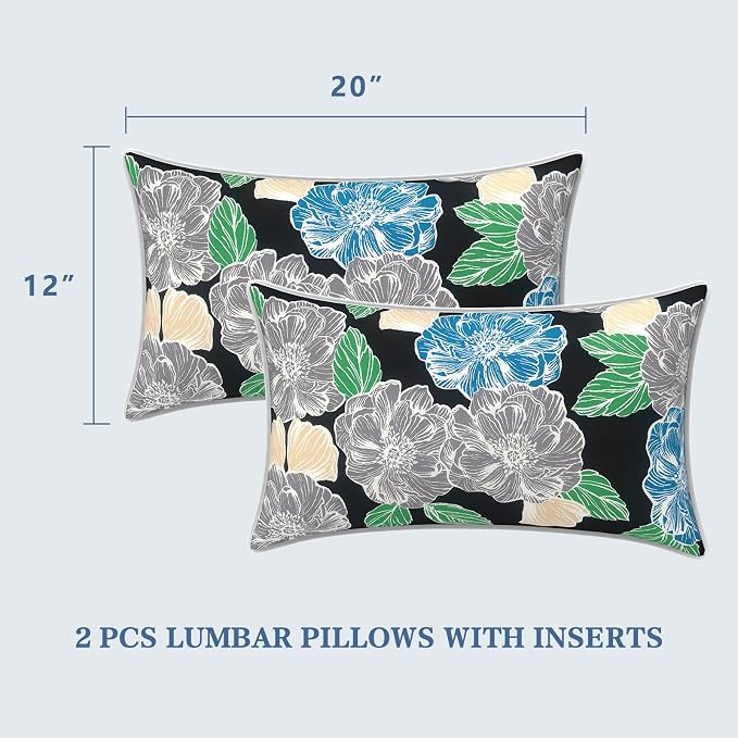 LVTXIII 2 Pack Outdoor Lumbar Pillows 12x20 Inch with White Piping, Fade Resistant Support Throw Pillows with Inserts for Patio Furniture, Sofa, Chair, Sketch Peony