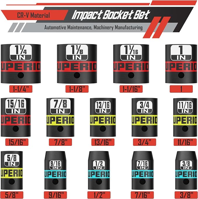 14 Piece 1/2" Drive Impact Socket Set, 3/8" - 1-1/4" Shallow Socket, SAE, 6 Point, CR-V, Automotive Maintenance, Machinery Manufacturing