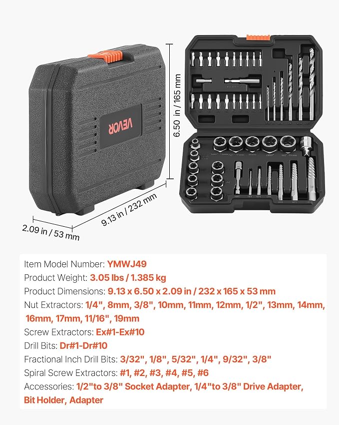 VEVOR 49-Piece Bolt Extractor Kit and Easy Out Screw Extractor Set, Lug Nut Removal Tool with Drill Bit Set for Removing Damaged, Frozen, Broken, Rusted, Rounded-Off Bolts, Nuts & Screws, Adapters