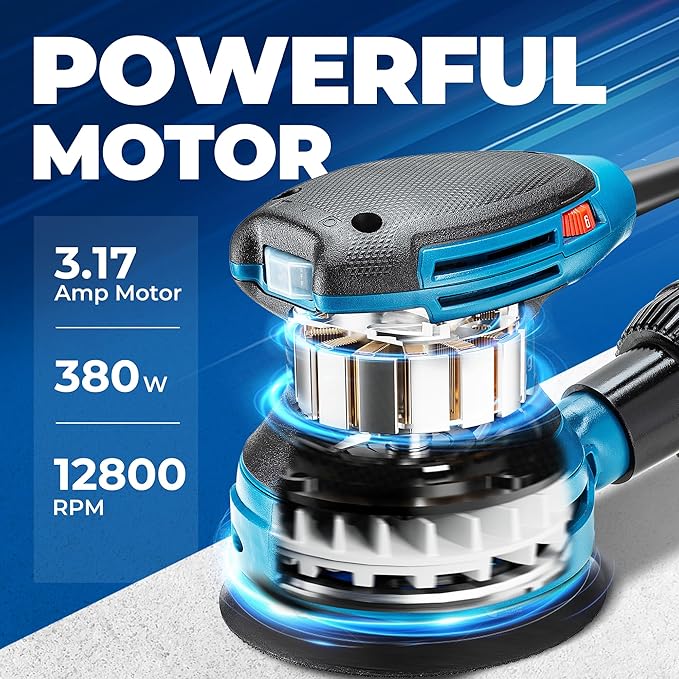 Dong Cheng 5-Inch Random Orbital Sander 3.2A 12800OPM Electric Palm Sander, 6 Variable Speeds, with 20pcs Sandpaper & Detachable Dust Bag, Power Sander for Woodworking, Sanding & Polishing