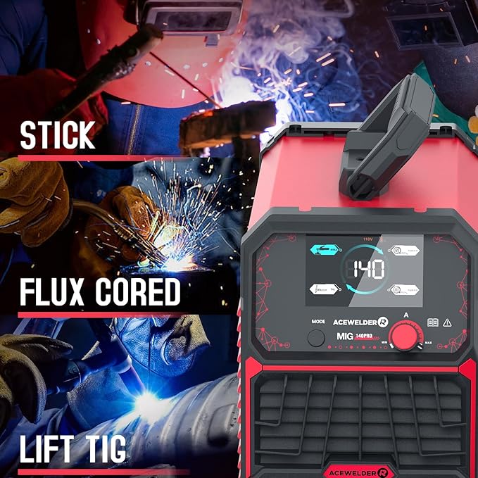 ACEWELDER 140A MIG Welder, 3 in 1 Flux Core, MIG/LIFT TIG/Stick Welding Machine 110V Portable IGBT Inverter Synergic Control, LED Display with Welding Helmet