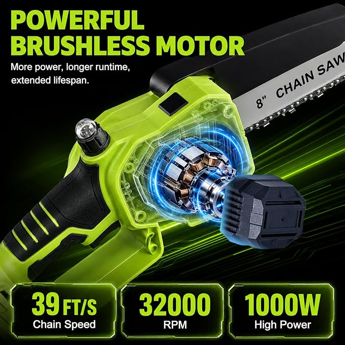 TNELTUEB Mini Chainsaw, 6" & 8" Cordless Electric Chainsaw, 4.0Ah Batteries | 2 Battery Powered Chainsaw, 1000W Brushless Handheld Chainsaw For Tree Trimming, Auto Oiler, Small Chain Saw Gift For Men Dad
