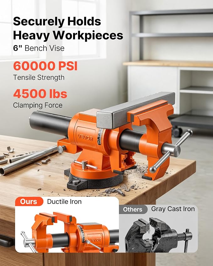 VEVOR Heavy Duty Bench Vise, 6" Jaw Width, Double Swivel Rotating Multi-Purpose Bench Vise, with 360° Locking Swivel Base and Head, 2.8" Throat Depth, 6" Max Jaw Opening, for Drilling, Pipe Cutting